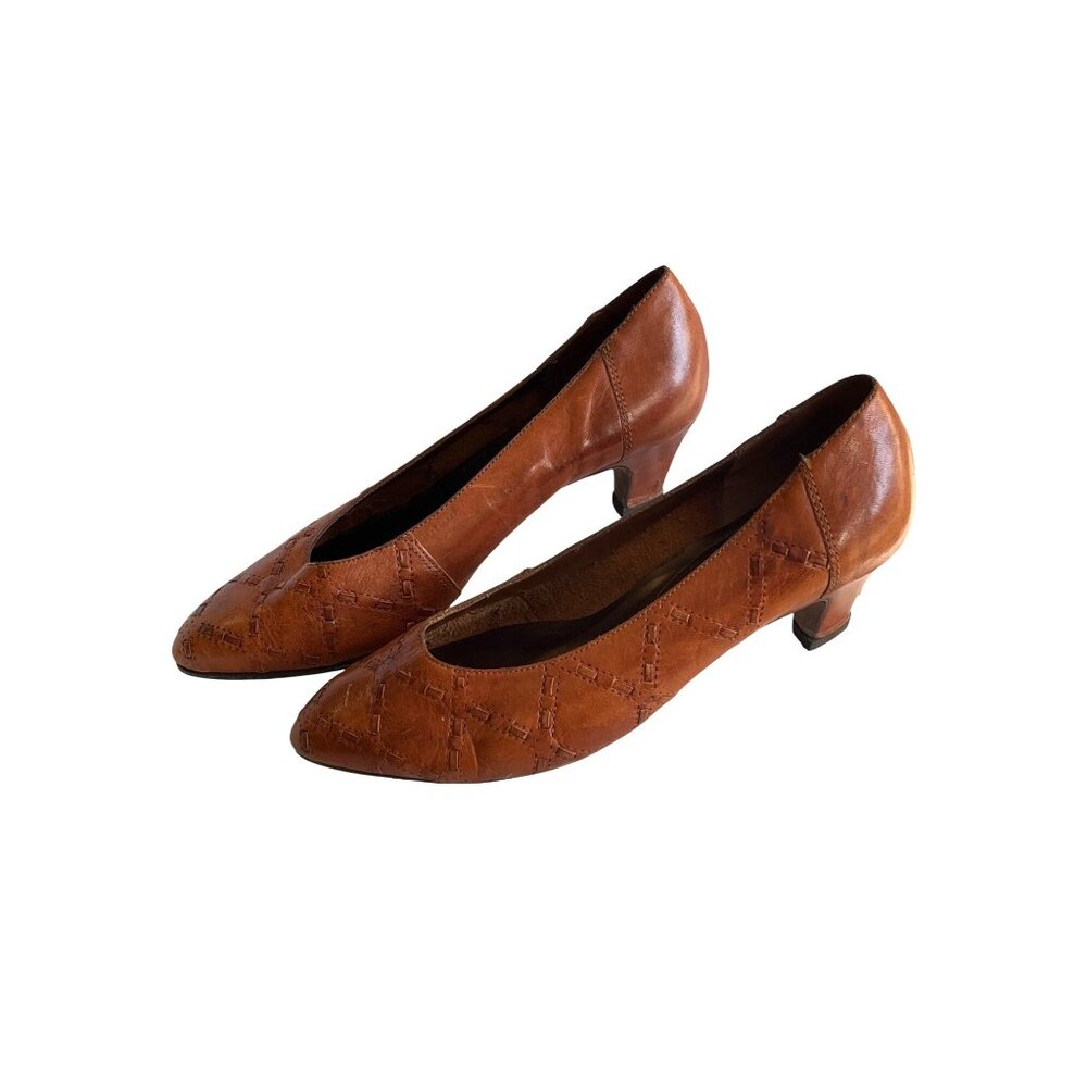 Vtg Leather Kitten Heel Brown Pumps Shoes Rustic Boho Stitch Accent Casual Wom 8